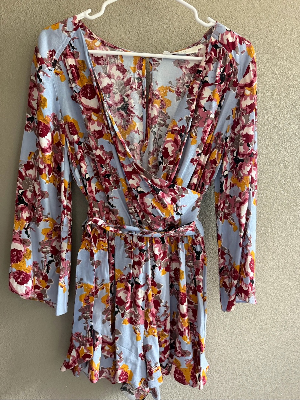 Astr Floral Wrap Long Sleeve Romper in Light Blue, Burgundy and Mustard